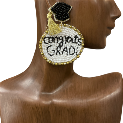 13-6047 CONGRATS GRAD! WHITE BLACK GOLD SEED BEAD EARRINGS