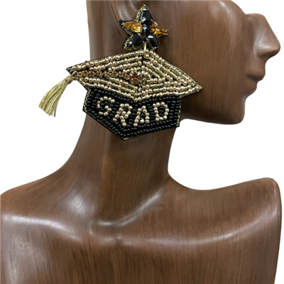 13-6050 BLACK GOLD  GRADUATION CAP SEED BEAD  EARRINGS