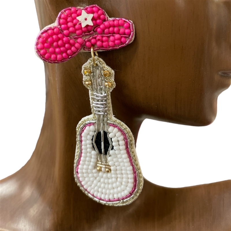 13-6083   PINK WHITE GUITAR SEED BEAD EARRINGS