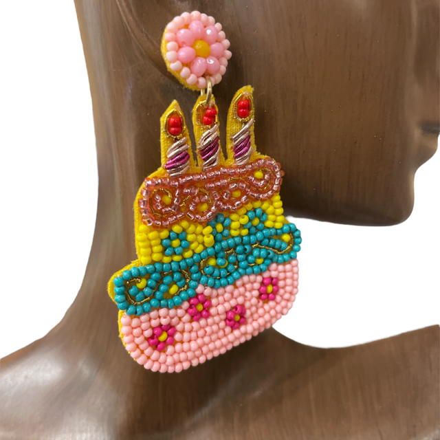 13-6086-1 HAPPY BIRTHDAY CAKE  SEED BEAD EARRINGS