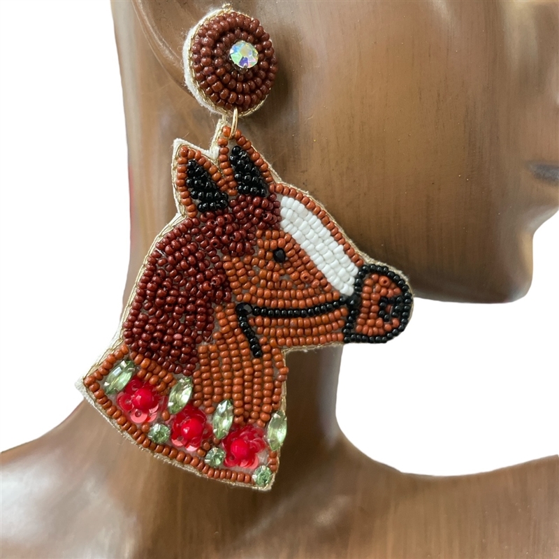 13-6104  BROWN HORSE SEED BEAD EARRINGS