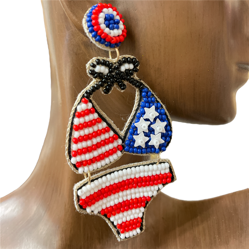 13-6229  AMERICAN FLAG  BIKINI SEED BEAD EARRINGS