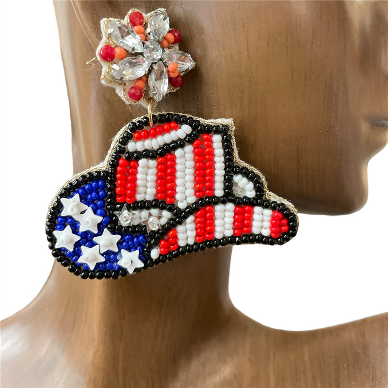 13-6231  AMERICAN FLAG HAT  SEED BEAD EARRINGS