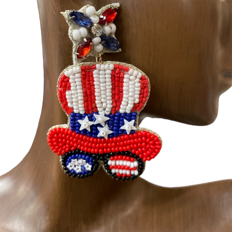 13-6241  AMERICAN FLAG HAT  SEED BEAD EARRINGS