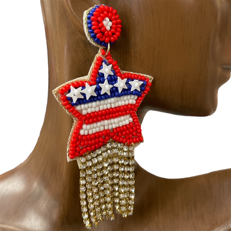 13-6245  AMERICAN FLAG STAR  SEED BEAD EARRINGS