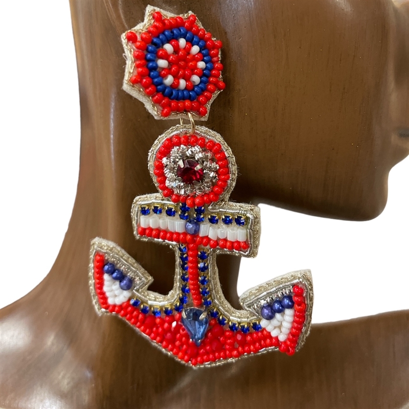 13-6330  RED WHITE BLUE  ANCHOR SEED BEAD EARRINGS