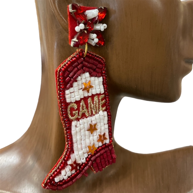 13-6391  BURGUNDY & WHITE  GAME DAY  BOOTS SEED BEAD EARRINGS