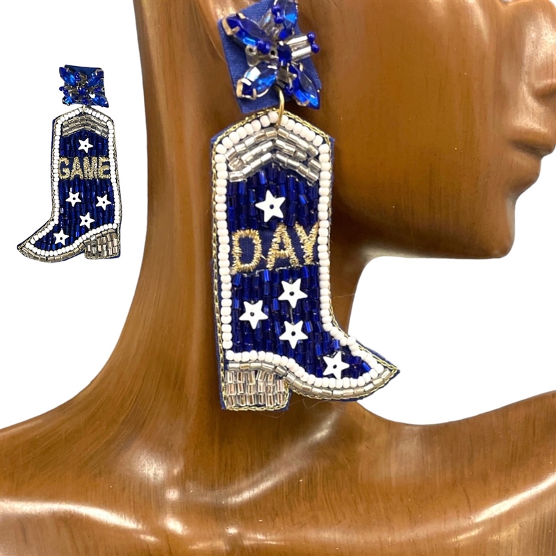 13-6391 BLUE & WHITE GAME DAY BOOTS SEED BEAD EARRINGS