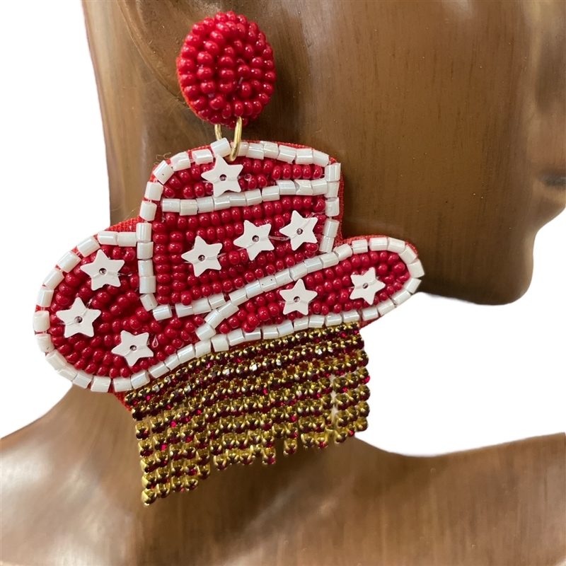 13-6392 BURGUNDY HAT WITH STARS & RHINESTONE SEED BEAD EARRINGS