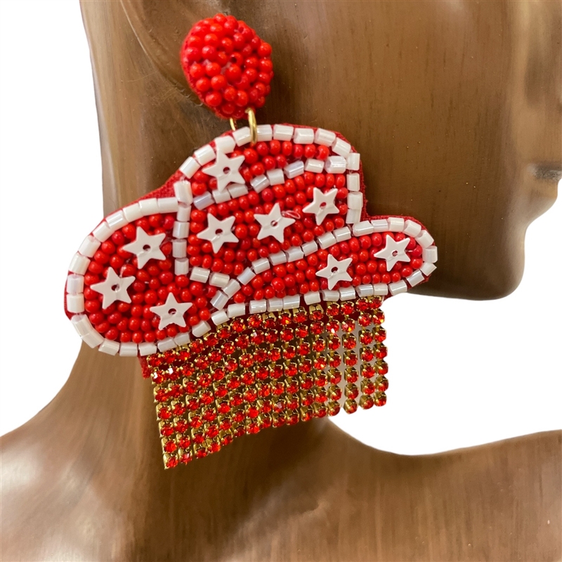 13-6392RW  RED WHITE  HAT WITH STARS & RHINESTONE SEED BEAD EARRINGS