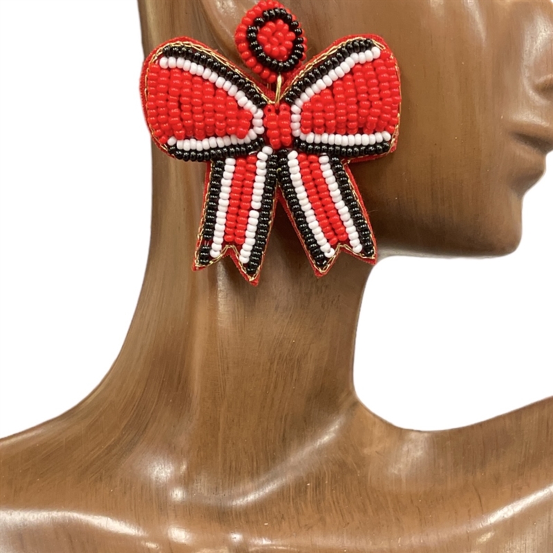 13-6410 RED, BLACK & WHITE SEED BEAD BOW EARRINGS