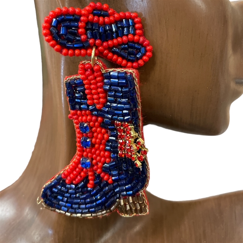 13-6421NR NAVY RED  BOOTS SEED BEAD EARRINGS