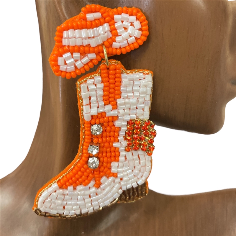 13-6421O  ORANGE  WHITE BOOTS SEED BEAD EARRINGS