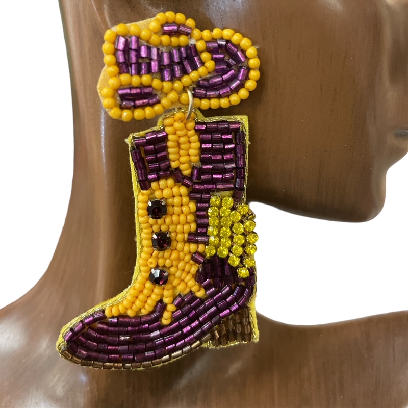 13-6421PY PURPLE YELLOW  BOOTS SEED BEAD EARRINGS