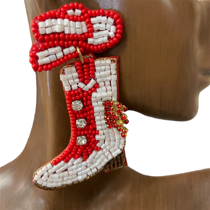 13-6421R RED  WHITE BOOTS SEED BEAD EARRINGS