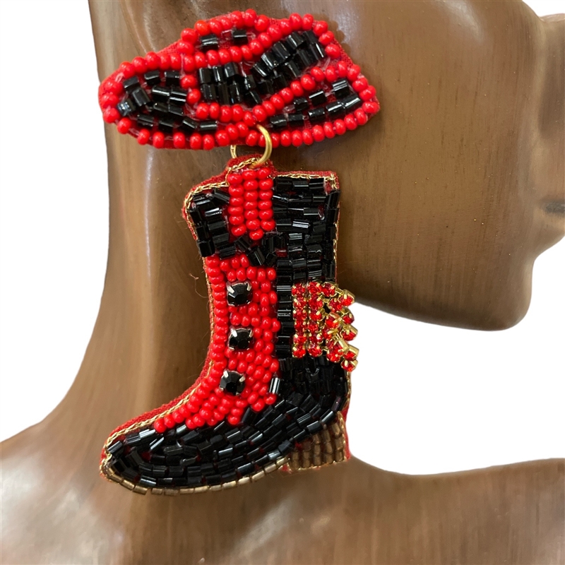 13-6421RB RED WHITE BOOTS SEED BEAD EARRINGS