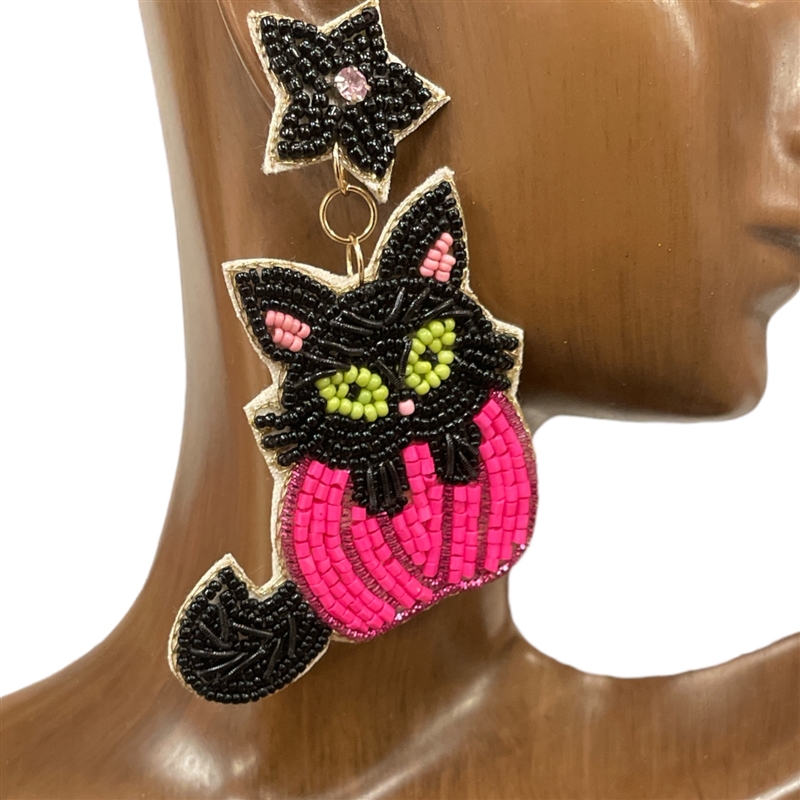 13-6483  BLACK & PINK CAT SEED BEAD EARRINGS