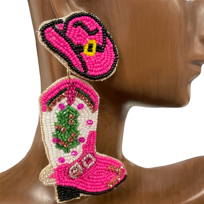 13-6609 HOT PINK BOOTS SEED BEAD EARRINGS