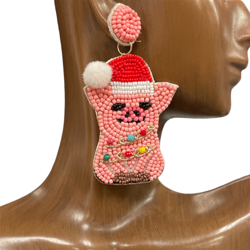 13-6680  CHRISTMAS PIG SEED BEAD EARRINGS