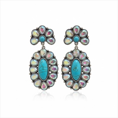 13-6979 AB CRYSTAL & TURQUOISE STONE POST EARRINGS