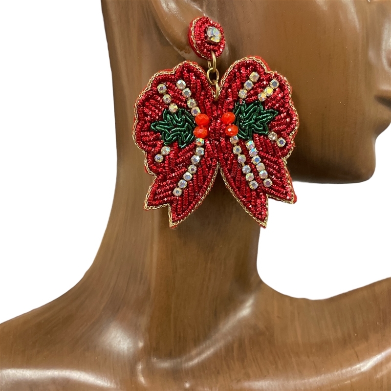 13-7042B  RED CHRISTMAS BEADED BOW EARRING