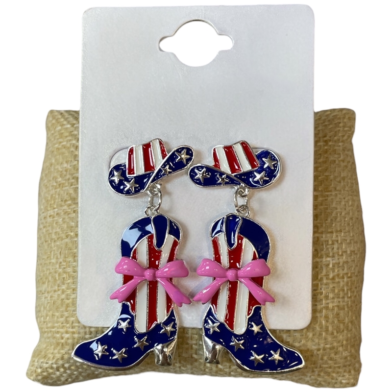 13-7548 SILVER STARS & STRIPES BOOTS POST DANGLE EARRINGS