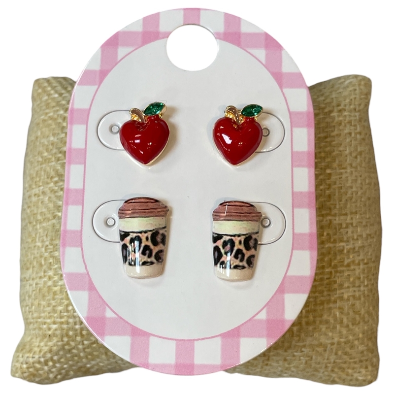 13-7563 COFFE CUP & APPLE 2 PAIR STUD EARRINGS SET