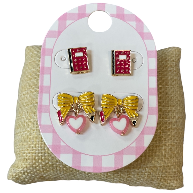 13-7564 JOURNAL & PENCIL BOW 2 PAIR STUD EARRINGS SET
