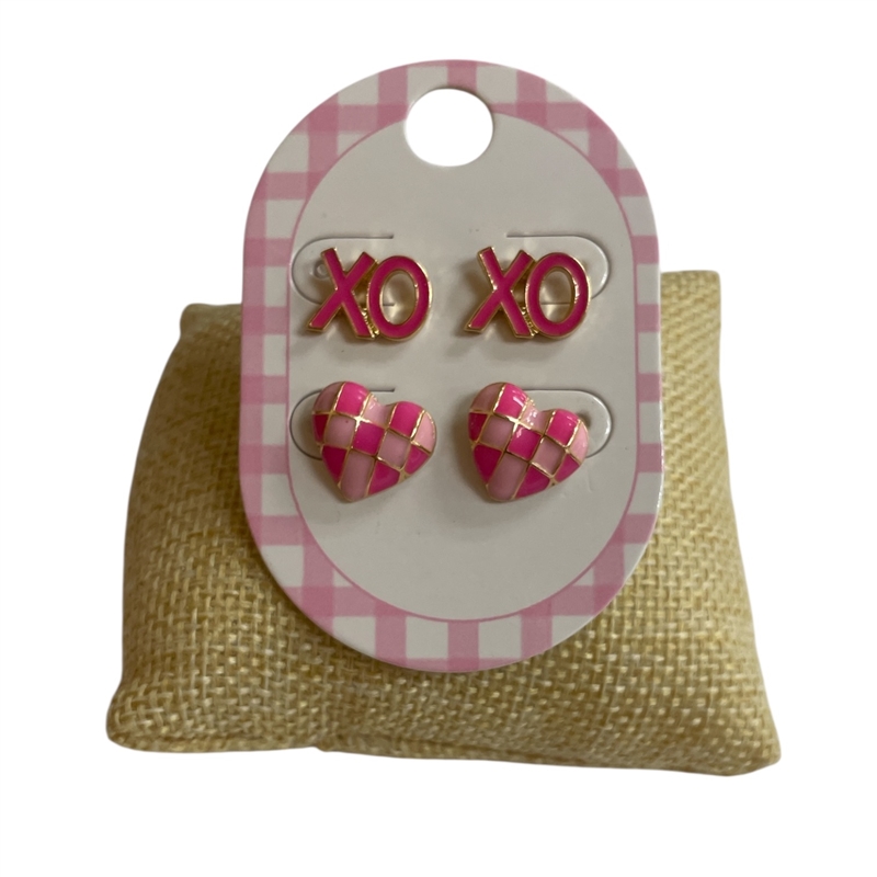 13-7614 PINK HEART 2PC SET EARRINGS