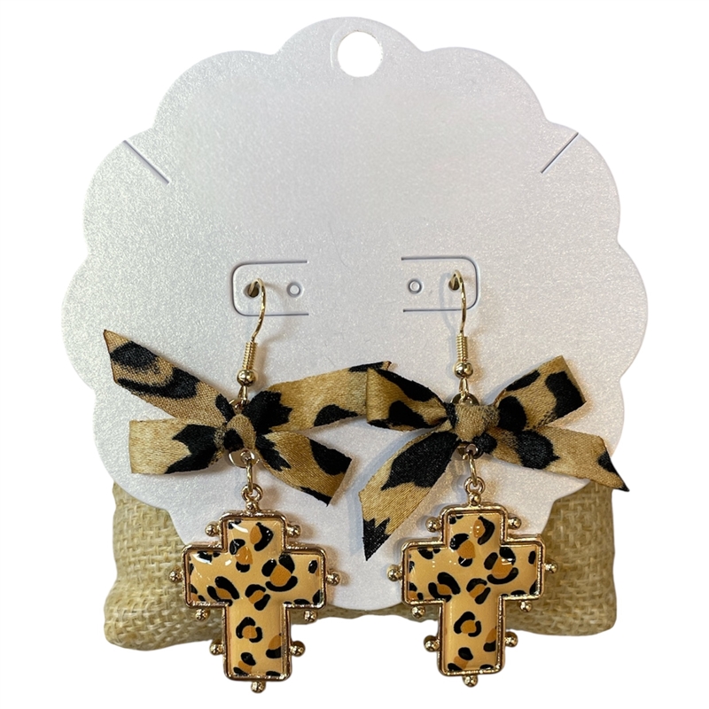 13-7658 LEOPARD PRINT GOLD CROSS DANGLE EARRINGS