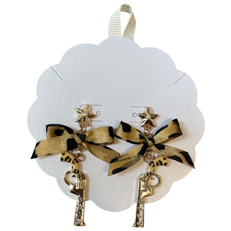 13-7660 LEOPARD PRINT BOW GOLD GUN POST DANGLE EARRINGS