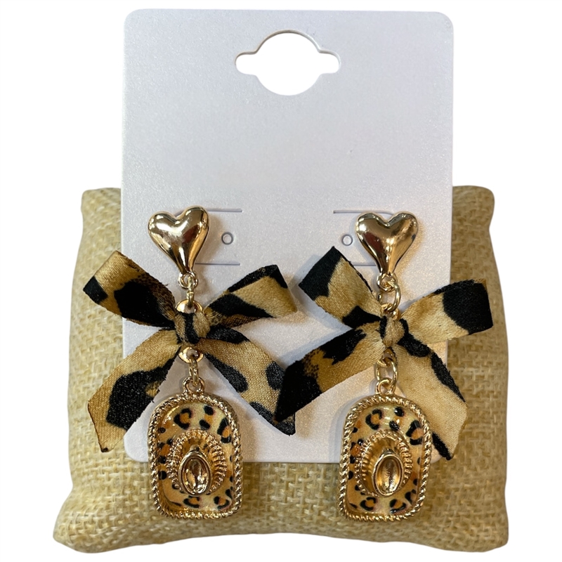 13-7662 LEOPARD PRINT GOLD COWBOY HAT DANGLE EARRINGS