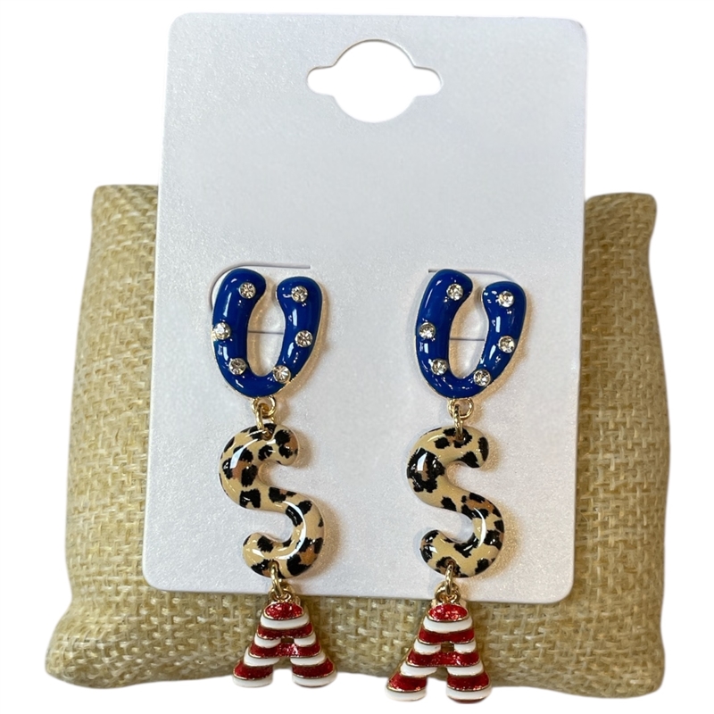 13-7847 BLUE LEOPARD STRIPES "USA" POST DANGLE EARRINGS
