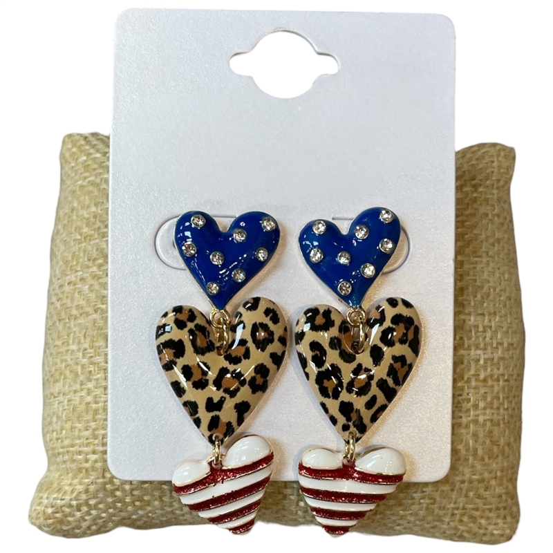 13-7849 BLUE LEOPARD STRIPES HEARTS POST DANGLE EARRINGS
