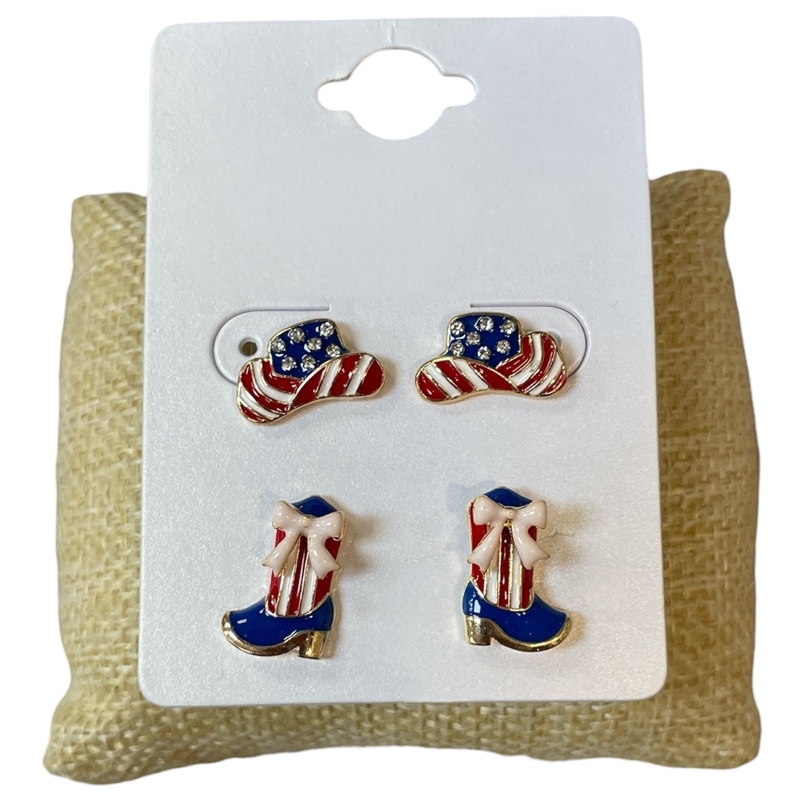 13-7850 HAT & BOOT AMERICAN FLAG 2 PAIR STUD EARRING SET