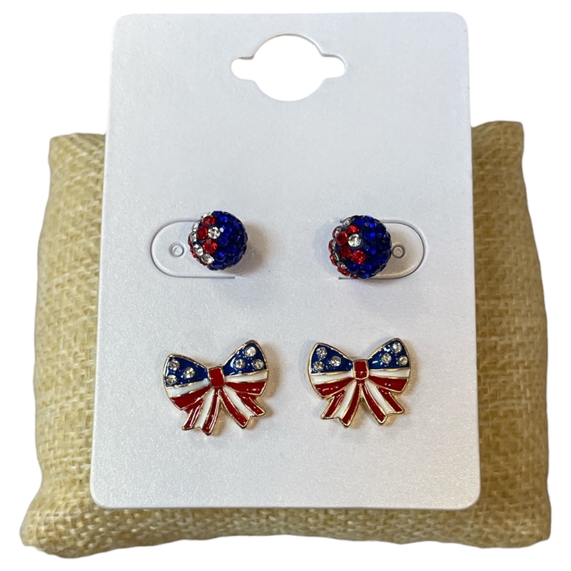 13-7851 BOW & SPHERE AMERICAN FLAG 2 PAIR STUD EARRING SET
