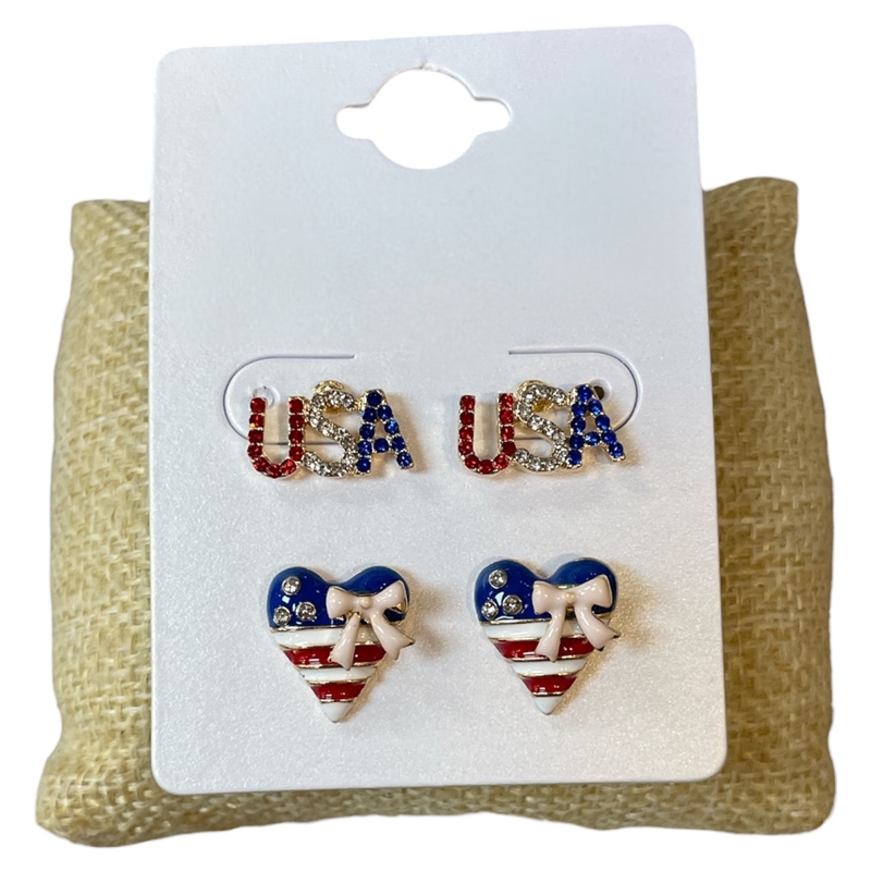 13-7852 USA HEART AMERICAN FLAG 2 PAIR STUD EARRING SET