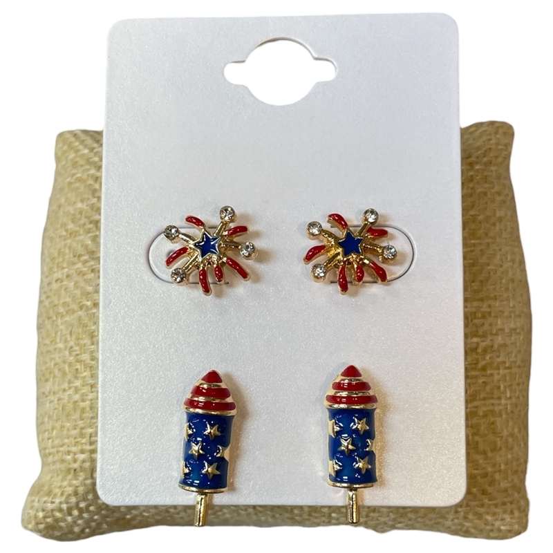 13-7853 FIREWORKS AMERICAN FLAG 2 PAIR STUD EARRING SET