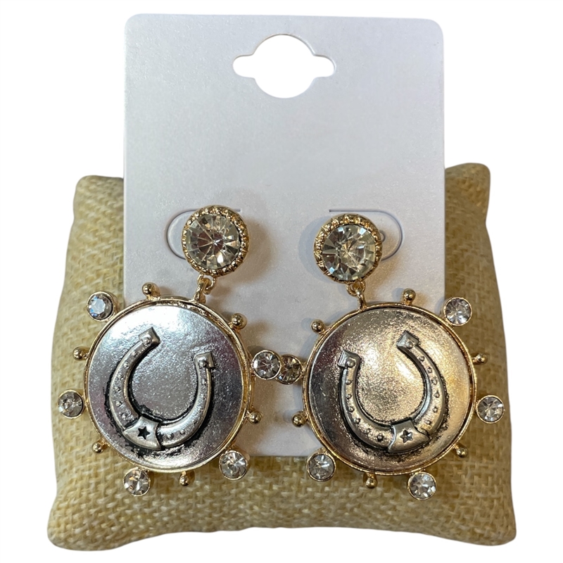 13-7867 TWO TONE RHINESTONE HORSE SHOE POST EARRINGS