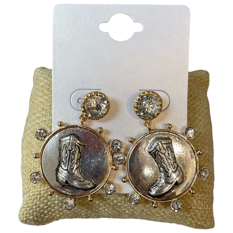 13-7868 TWO TONE RHINESTONE COWBOY BOOT POST EARRINGS