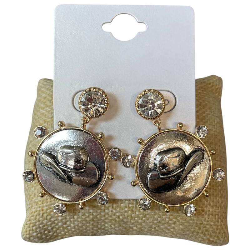 13-7869 TWO TONE RHINESTONE COWBOY HAT POST EARRINGS