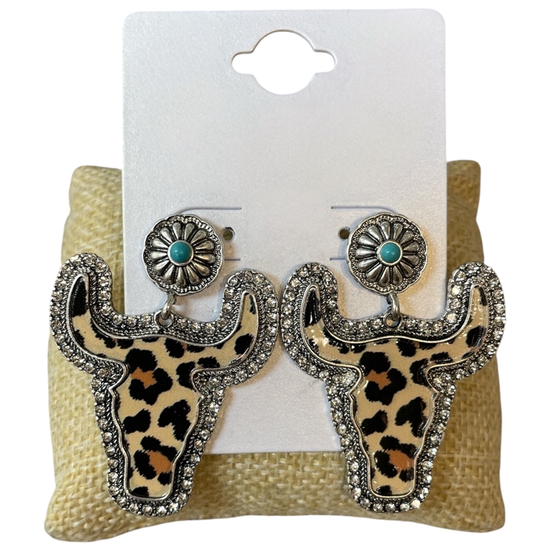 13-7870 LEOPARD PRINT RHINESTONE BULL HEAD POST EARRINGS