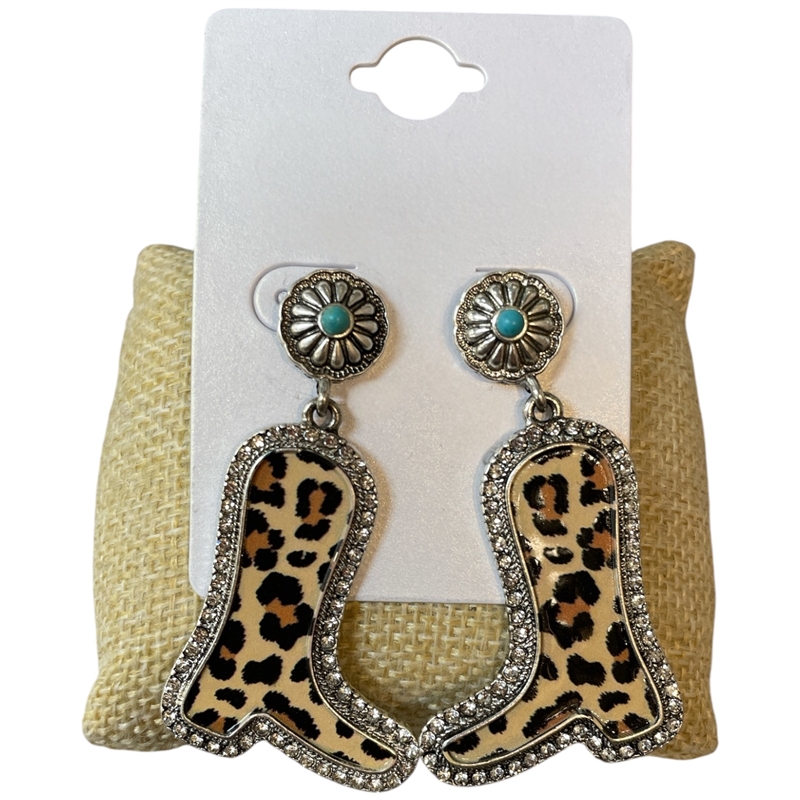 13-7871 LEOPARD PRINT RHINESTONE COWGIRL BOOTS POST EARRINGS