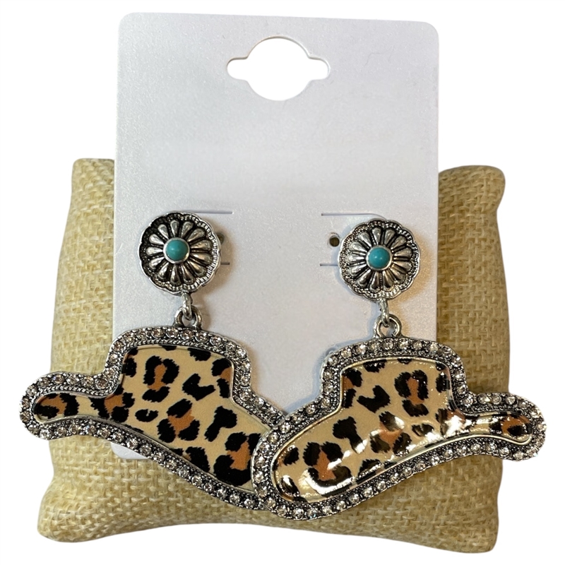 13-7872 LEOPARD PRINT RHINESTONE COWGIRL HAT POST EARRINGS