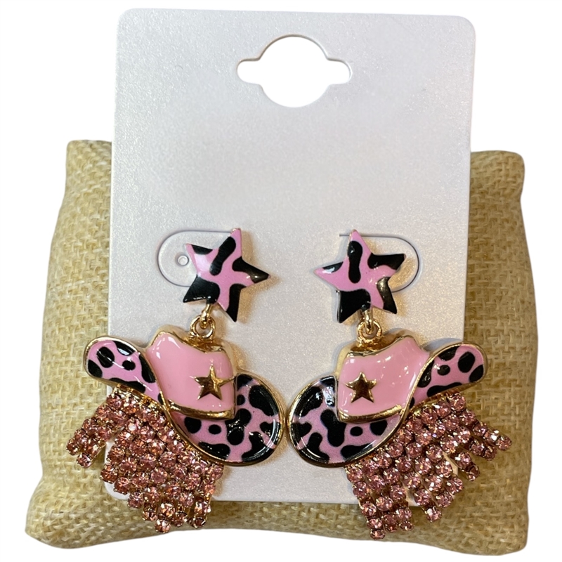13-7885 RHINESTONE COW PATTERN COWGIRL HAT POST EARRINGS