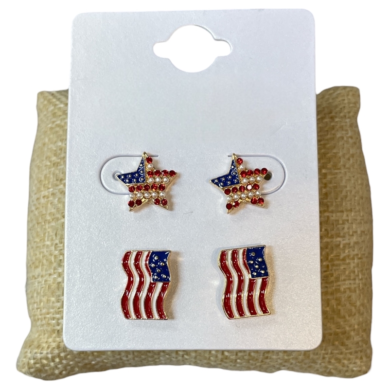 13-7888 STAR & AMERICAN FLAG 2 PAIR STUD EARRING SET