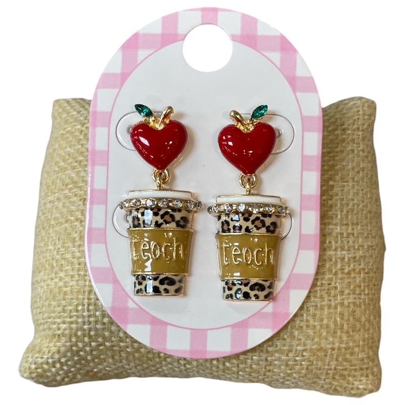 13-7891 "TEACH" LEOPARD PRINT COFFEE MUG POST EARRINGS