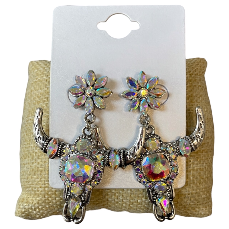 13-7912 SILVER AB CRYSTAL BEADED BULL HEAD POST EARRINGS