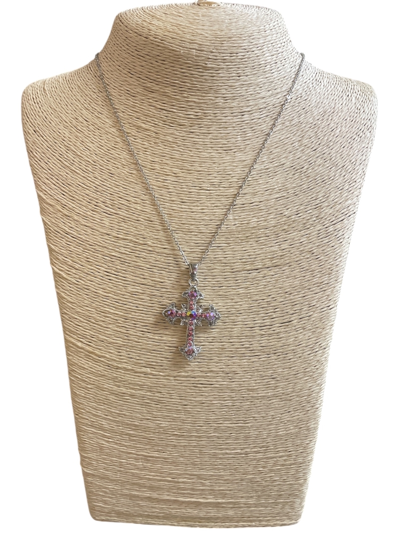 13184 PINK RHINESTONE SMALL CROSS SHORT NECKLACE