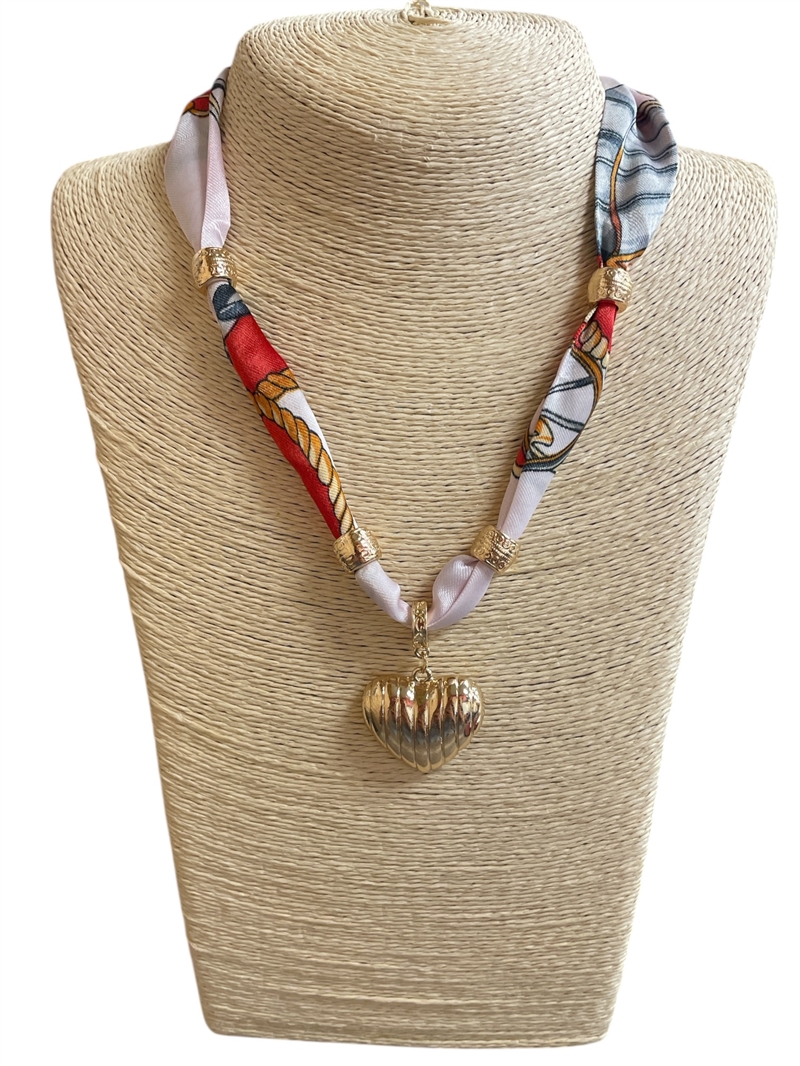 15-2132  GOLD  HEART  &  RED WHITE SCARF  NECKLACE